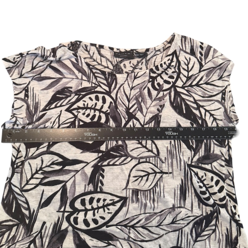 Tahari Women L Black White Tropical Leaf Print 100% Linen Knit Cap Sleeve Top - Picture 5 of 7